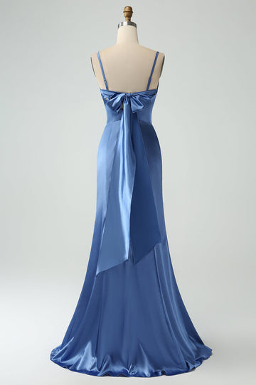 Gråblå Havfrue Spaghetti Stropper Lang Satin Brudepigekjole med slids